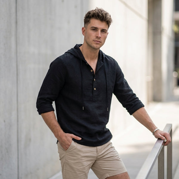 Relaxed Fit Hooded Henley Shirt for Men – Casual Comfort & Style