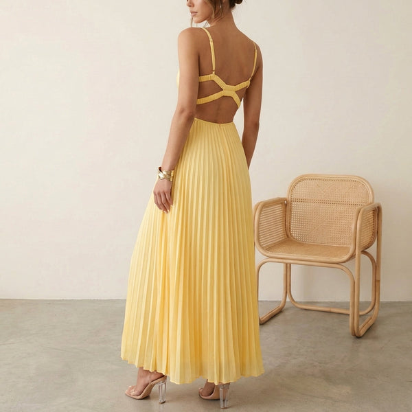 Pleated Empire Waist A-Line Maxi Dress for Women – Elegant Daytime Style