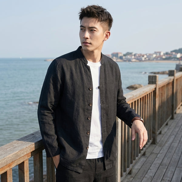 Relaxed Fit Mandarin Collar Shirt Jacket for Men – Breathable Casual Comfort