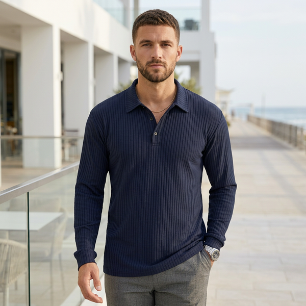 Ribbed Collared Long Sleeve Polo Shirt for Men – Classic Casual Comfort