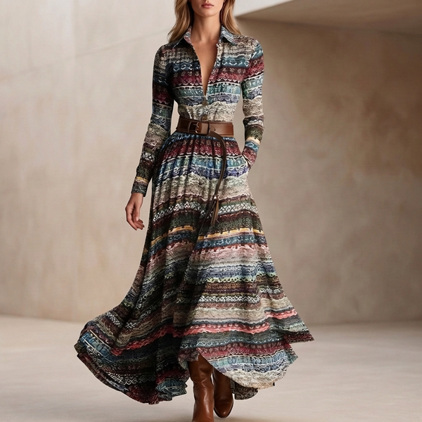 Bohemian Collared Button Front Belted A-Line Maxi Dress for Women – Casual Elegant Comfort
