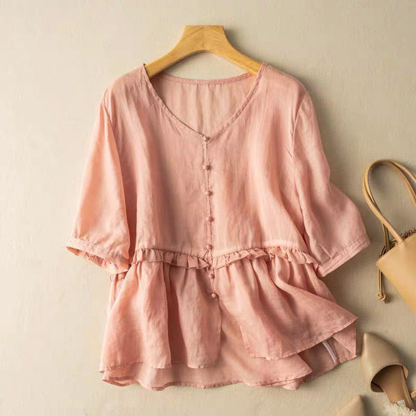 Ruffled Peplum V-Neck Blouse for Women – Casual Stylish Comfort