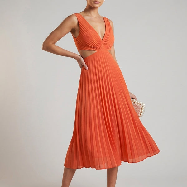 Pleated Cutout A-Line Midi Dress for Women – Elegant & Flattering Design