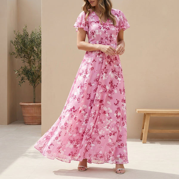 Ruffled A-Line Floral V-Neck Maxi Dress for Women – Elegant & Comfortable Design