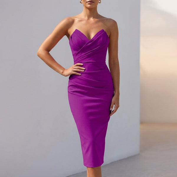 Ruched Draped Strapless Bodycon Midi Dress for Women – Elegant Evening Style