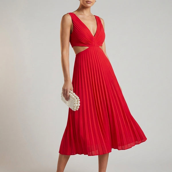 Pleated Cutout A-Line Midi Dress for Women – Elegant & Flattering Design