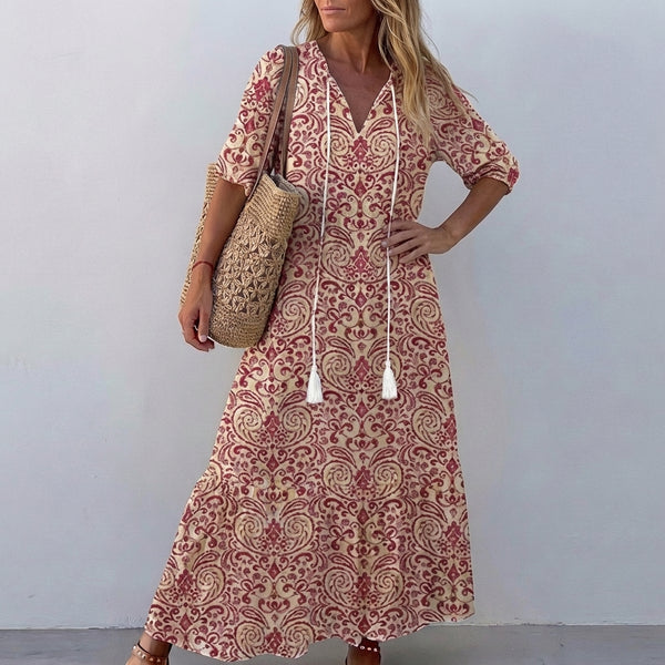 Tasseled Tie-Neck A-Line Maxi Dress for Women – Stylish Casual Elegance