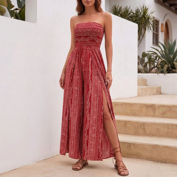 Paisley Shirred Strapless Wide-Leg Jumpsuit for Women – Stylish Casual Comfort