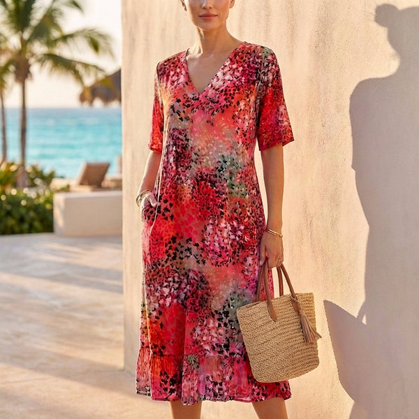 Relaxed Fit Knee-Length V-Neck Lace Trim Dress for Women – Stylish & Comfortable Design