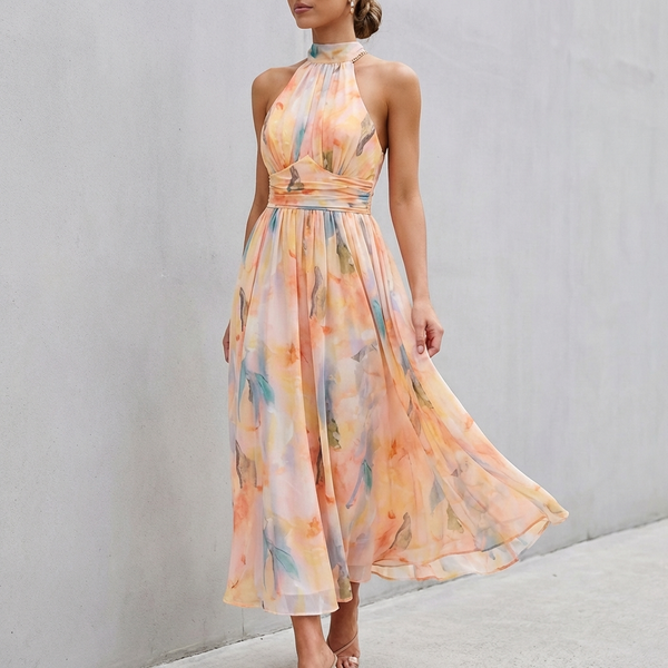 Abstract Pleated A-Line Halter Maxi Dress for Women – Elegant & Flattering Fit