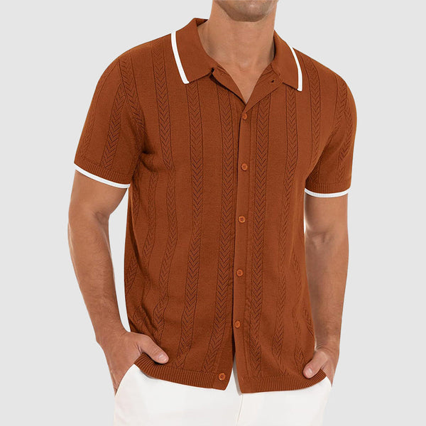 Textured Knit Button Front Knit Polo Shirt for Men – Stylish Casual Comfort