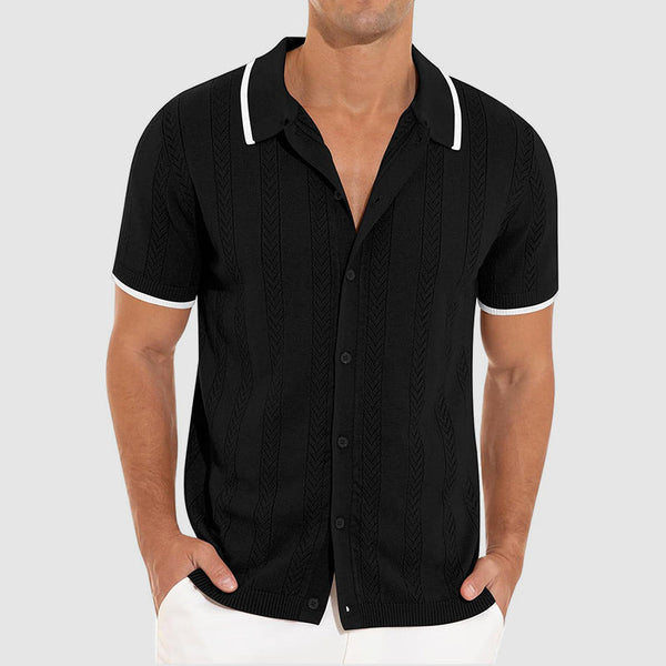 Textured Knit Button Front Knit Polo Shirt for Men – Stylish Casual Comfort