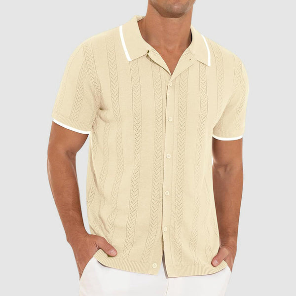 Textured Knit Button Front Knit Polo Shirt for Men – Stylish Casual Comfort