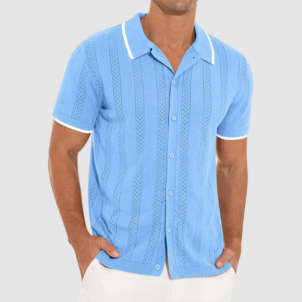Textured Knit Button Front Knit Polo Shirt for Men – Stylish Casual Comfort