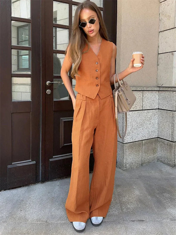 Tailored Fit Vest & Relaxed Fit Pleated Wide Leg Trousers Set for Women – Stylish And Comfortable Casualwear