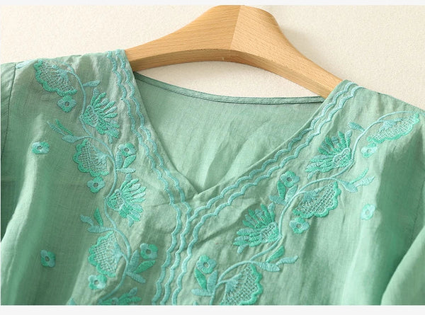 Embroidered Relaxed Fit V-Neck Blouse for Women – Casual Stylish Comfort
