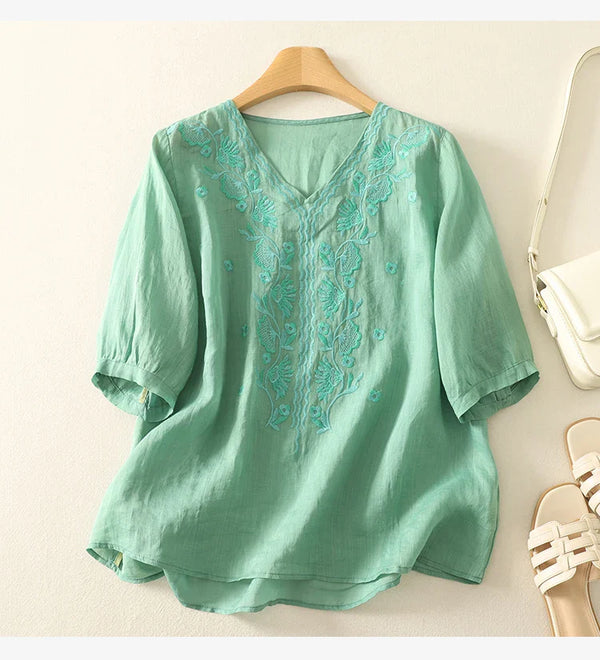 Embroidered Relaxed Fit V-Neck Blouse for Women – Casual Stylish Comfort