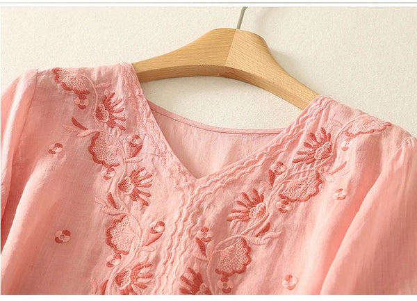 Embroidered Relaxed Fit V-Neck Blouse for Women – Casual Stylish Comfort