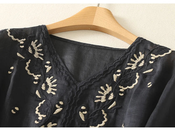 Embroidered Relaxed Fit V-Neck Blouse for Women – Casual Stylish Comfort
