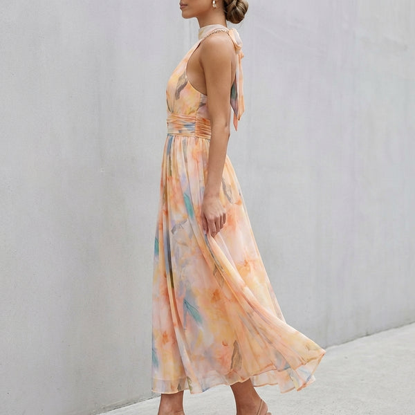 Abstract Pleated A-Line Halter Maxi Dress for Women – Elegant & Flattering Fit