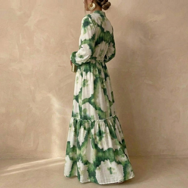 Tie-Dye Ruffled Drawstring Waist A-Line Maxi Dress for Women – Elegant & Flowing Design