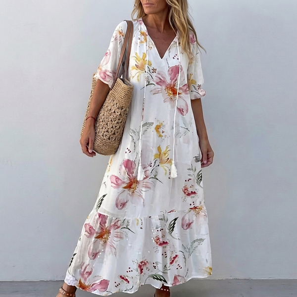 Tasseled Tie-Neck A-Line Maxi Dress for Women – Stylish Casual Elegance