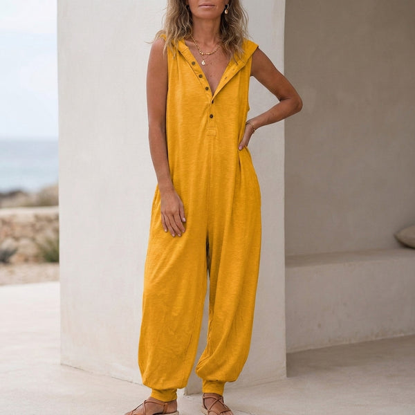 Hooded V-Neck Button Front Baggy Fit Jumpsuit for Women – Casual Stylish Comfort