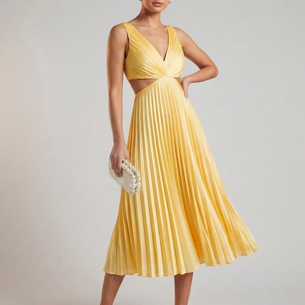 Pleated Cutout A-Line Midi Dress for Women – Elegant & Flattering Design