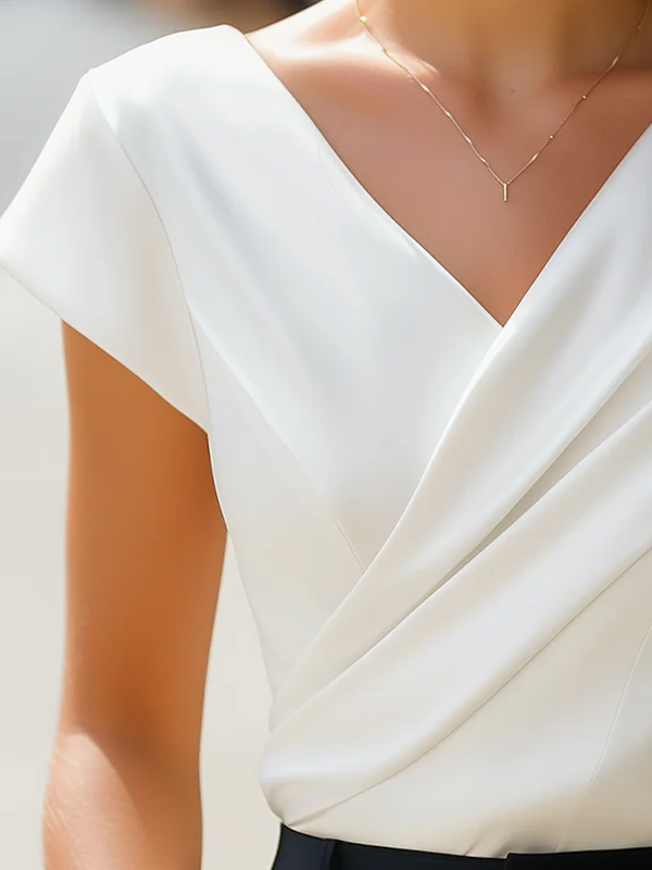 Asymmetric Draped Fitted V-Neck Hip-Length Blouse for Women – Elegant Business Casual Style
