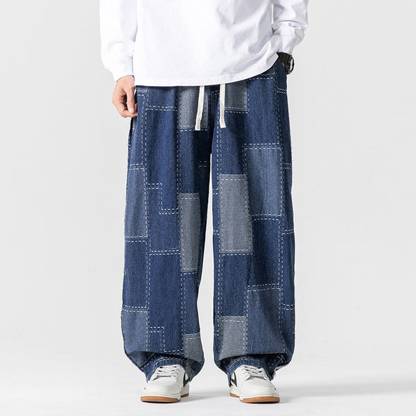 Plaid Patchwork Wide-Leg Drawstring Denim Pants