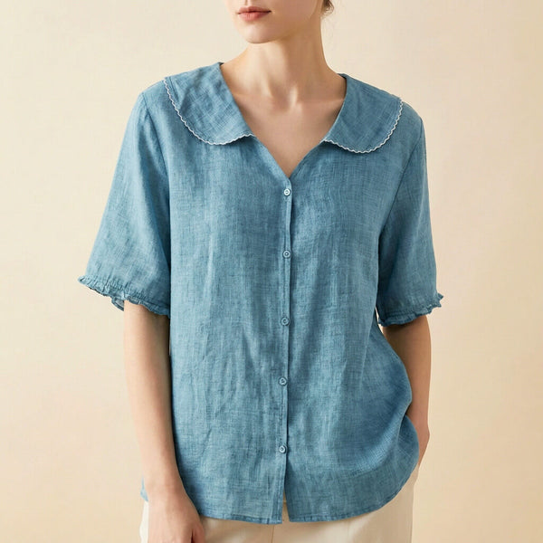 Relaxed Fit Collared Button Front Blouse for Women – Stylish Casual Comfort