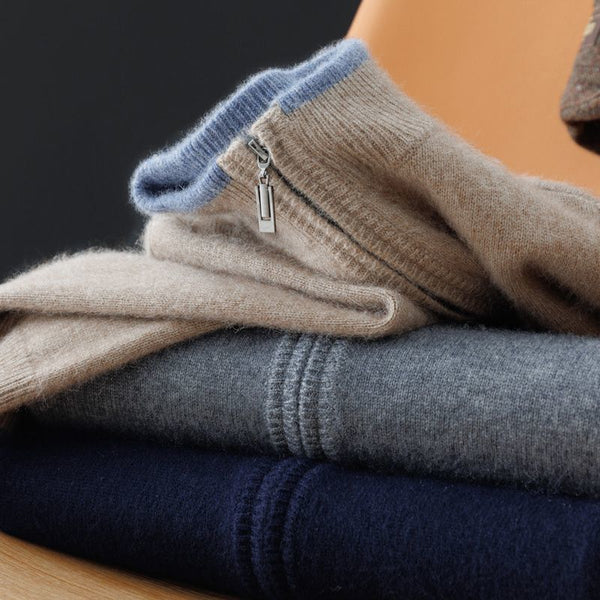 Men's Stand Collar Zip Colorblock Knit Sweater