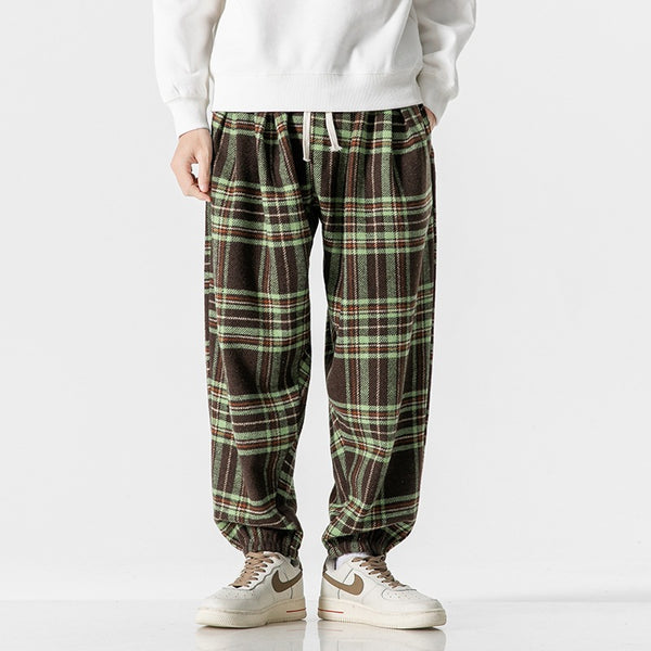 Plaid Mid-Waist Ankle Bandage Pants