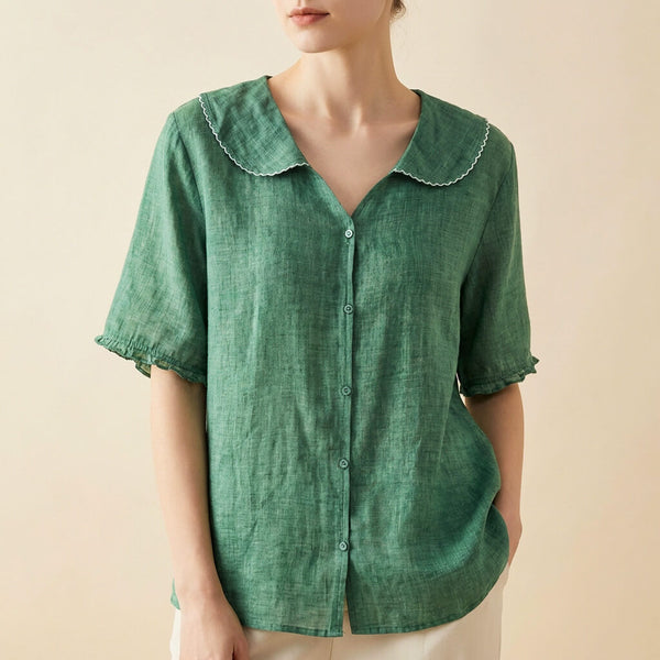 Relaxed Fit Collared Button Front Blouse for Women – Stylish Casual Comfort