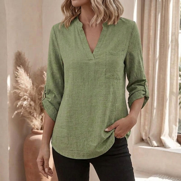Relaxed Fit Collared V-Neck Tunic Blouse for Women – Casual Stylish Comfort