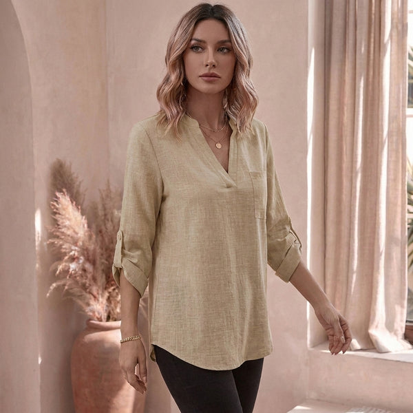 Relaxed Fit Collared V-Neck Tunic Blouse for Women – Casual Stylish Comfort