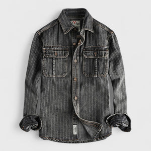 Men's Black Gray Striped Denim Shirt