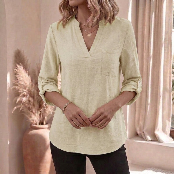 Relaxed Fit Collared V-Neck Tunic Blouse for Women – Casual Stylish Comfort