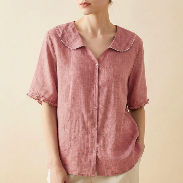 Relaxed Fit Collared Button Front Blouse for Women – Stylish Casual Comfort