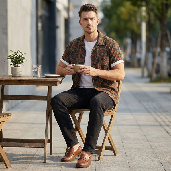 Relaxed Fit Geometric Short Sleeve Button-Up Shirt for Men – Stylish Casual Comfort
