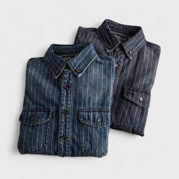 Striped Distressed Denim Shirt Long Sleeve